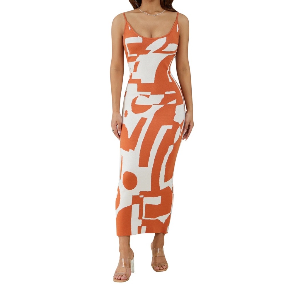Orange and White Knitted Maxi  Bodycon Dress Size M